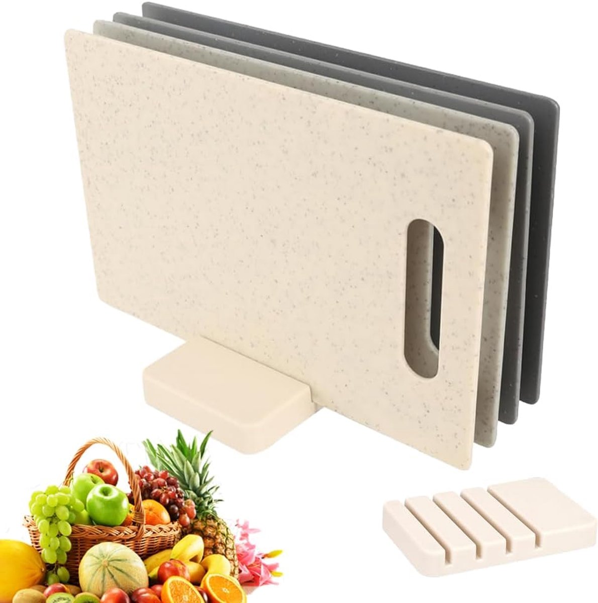 Snijplank van kunststof, 4 stuks ontbijtplankjes van kunststof met handgrepen en opbergstandaard, antislip keukenplankenset, snijplank, vaatwasmachinebestendig, 28 x 18,5 cm