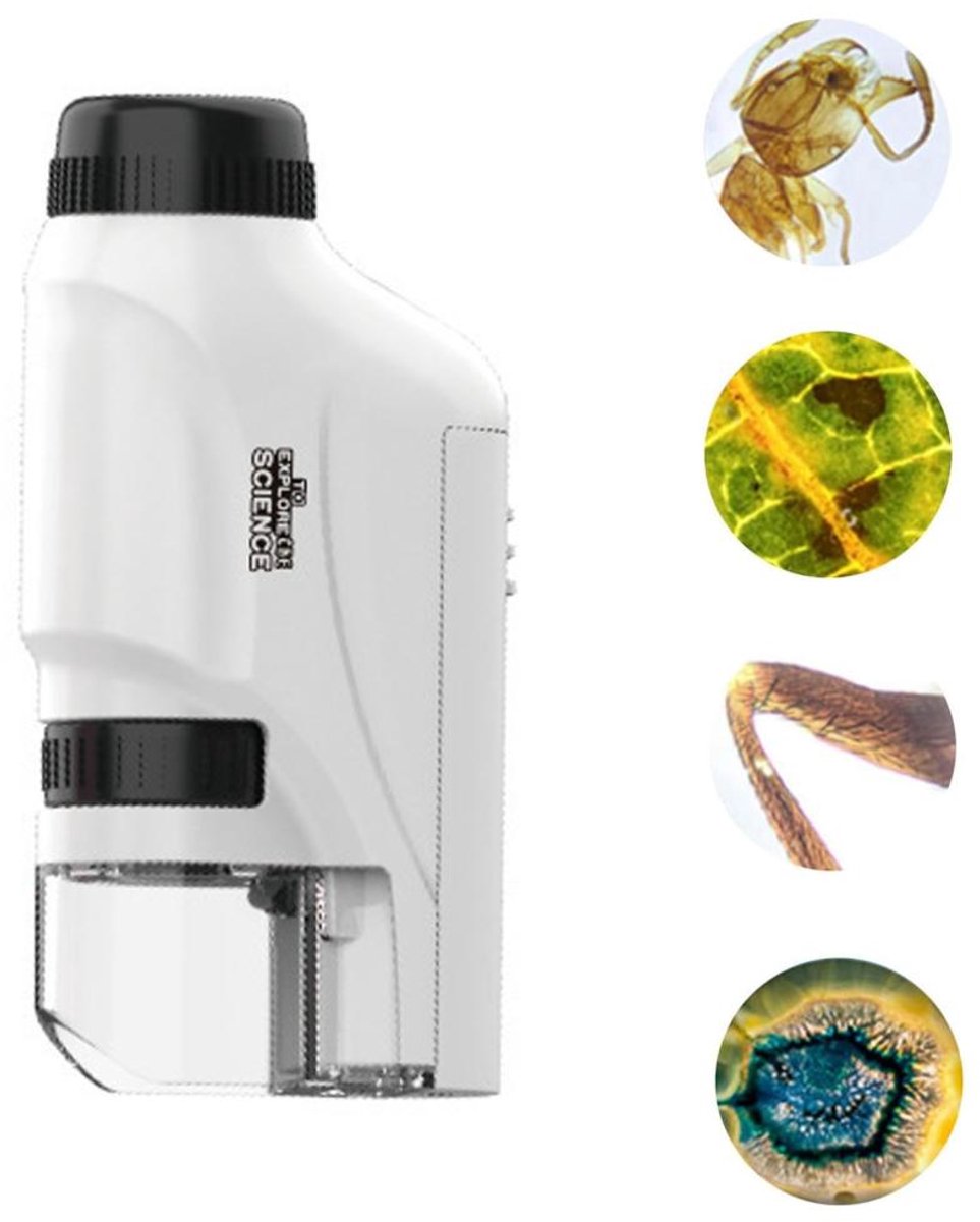 Microscoop voor Kinderen - Vergroting 60x-120x - Handmicroscoop - Avonturen Microscoop - Mini microscoop - Draagbare Zakmicroscoop - Pocket microscoop - Educatief Speelgoed - Miniscope - Loeplens - voor Tuin, Bos en Experimenten - Wit
