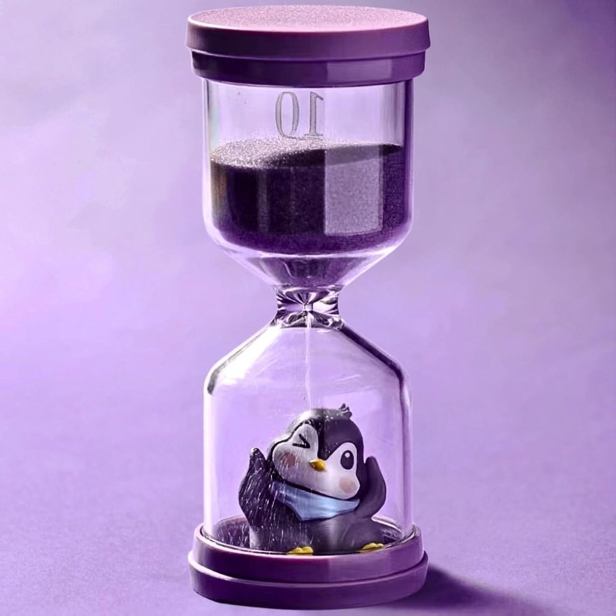 10 minuten onbreekbare plastic zandloper, zandtimer voor kinderen in macaron paars met pinguïn patroon, kindertimer voor het leven, leren, keuken, speeltiming