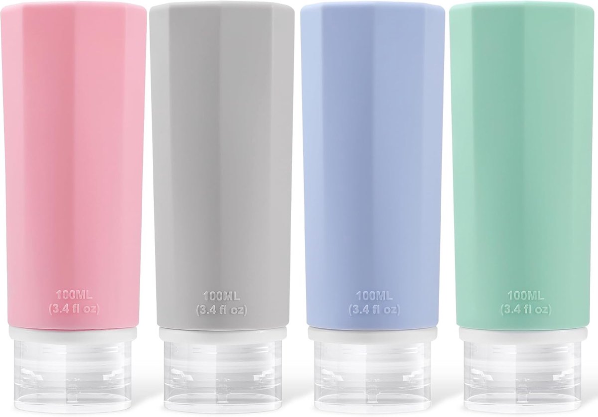 Set van 4 siliconen reisflessen, 100 ml, reisflessen om te vullen, cosmetica, shampoo, vloeistoffen, lekvrij, navulbare lege reisset, reisformaat, containers, reisflessenset, reisset