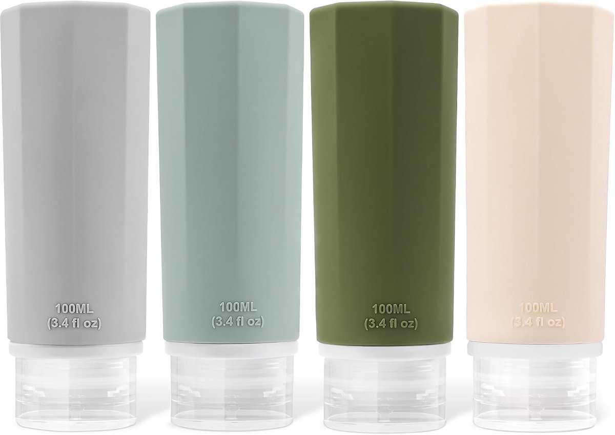Set van 4 siliconen reisflessen, 100 ml, reisflessen om te vullen, cosmetica, shampoo, vloeistoffen, lekvrij, navulbare lege reisset, reisformaat, containers, reisflessenset, reisset
