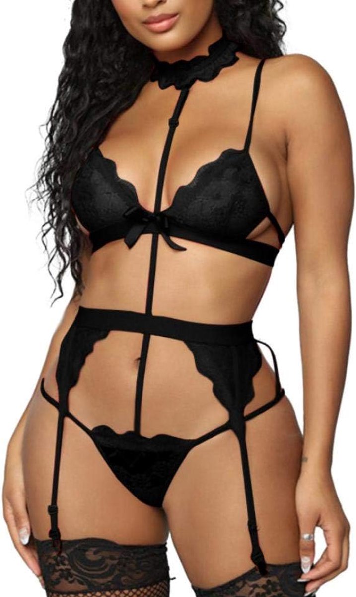 Dames Sexy Lingerie Borduren Kanten Beha Erotisch Ondergoed Porno Kousenband String Verleiding Sex Vrouwen Nachtkleding-Black_XL