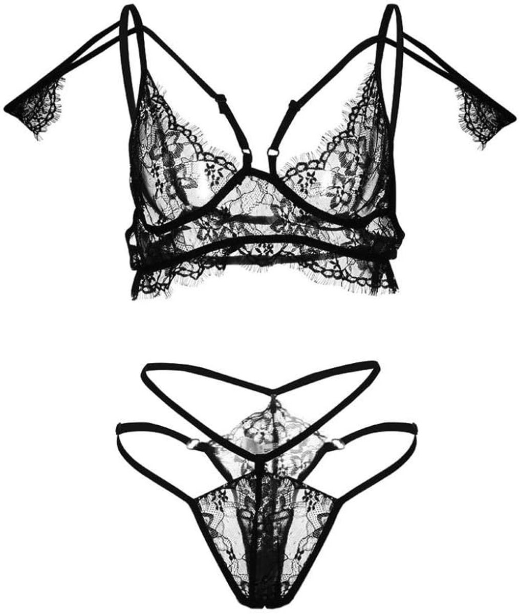 Lingerie Dameslingerie 2 ST Sexy Lingerie Vrouwen Kostuums Erotische Porno Ondergoed Bandage Kanten Beha Slipje G-string Hollow Mujer Nachtkleding Set-Black_L