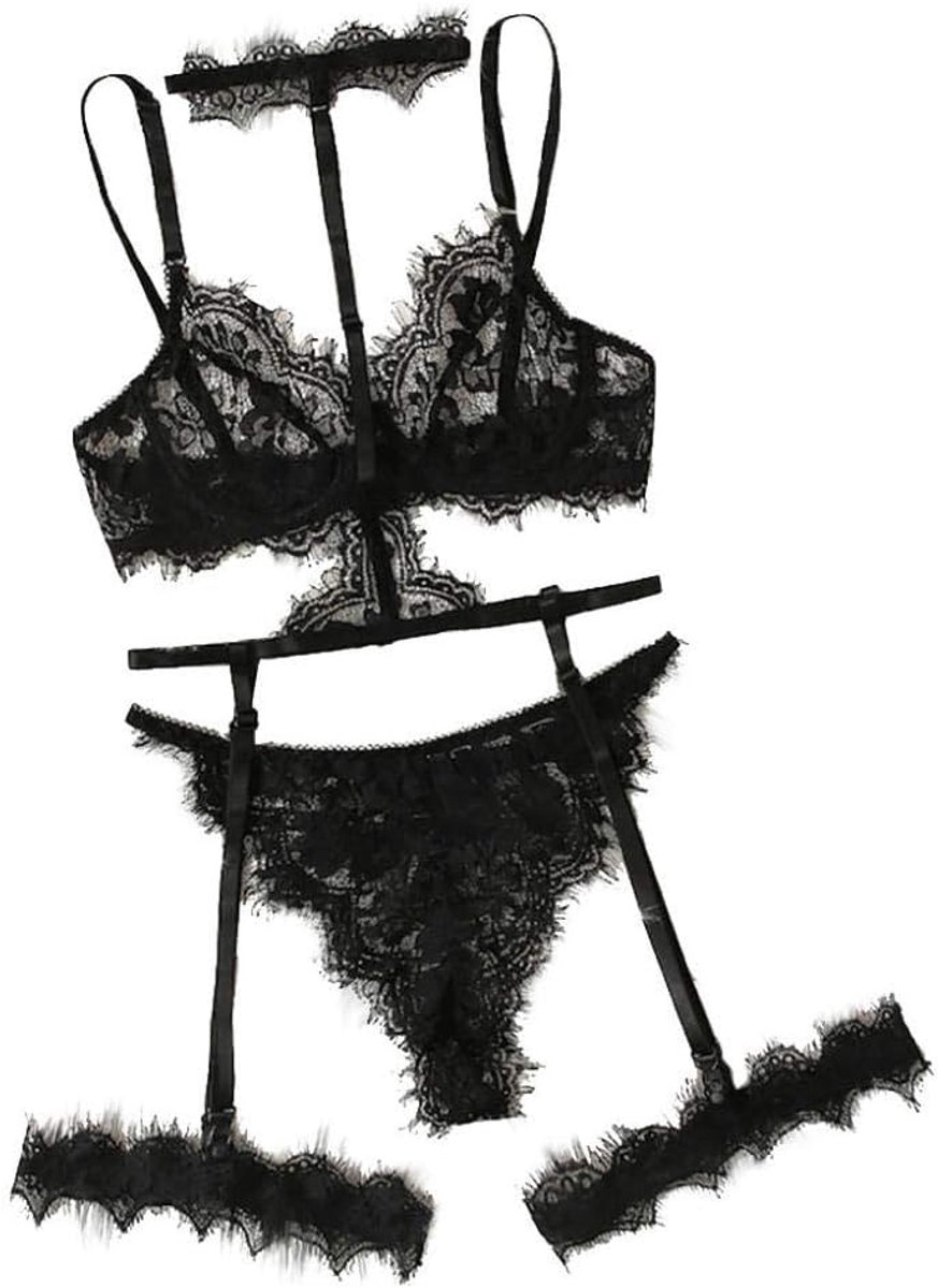 Lingeriesets dames Sexy vrouwen kanten wimper lingerie bh + kousenband + string set