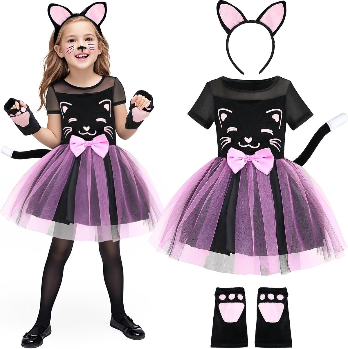 Kattenjurk voor meisjes, kattenkostuum met kattenoren, haarband, kattenstaart, handschoenen, kattenjurk, dierenkostuum, set voor carnaval, Halloween, Kerstmis, cosplay
