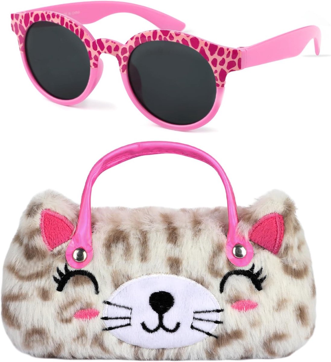 Zonnebril voor kinderen, met brillenkoker, hardcase, brillenkoker kat met draaggreep, zonnebril voor meisjes, set schattige pluche brillen, etui, kinderzonnebril jaar, uv-bescherming