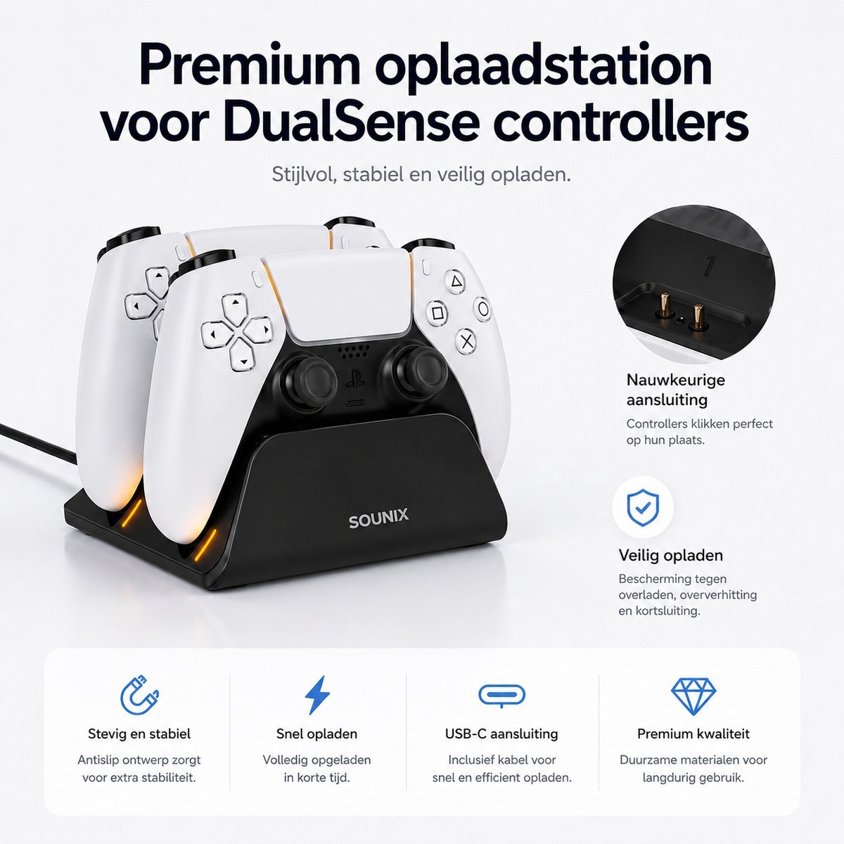 Sounix Oplaadstation geschikt voor PS5 / PS5 Slim / PS5 PRO / DualSense Controller - PS5 accessoires - Dual Oplader - Charging Dock - Zwart – foto 3