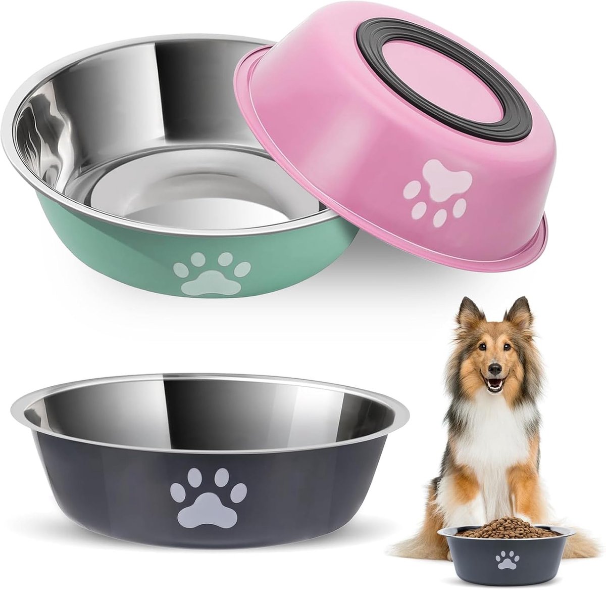 Roestvrij staal, 3 stuks, hondenbak, voederbak, waterbak, hondenkom, voedselbakset met antislip rubber voor kleine honden en katten (860 ml)