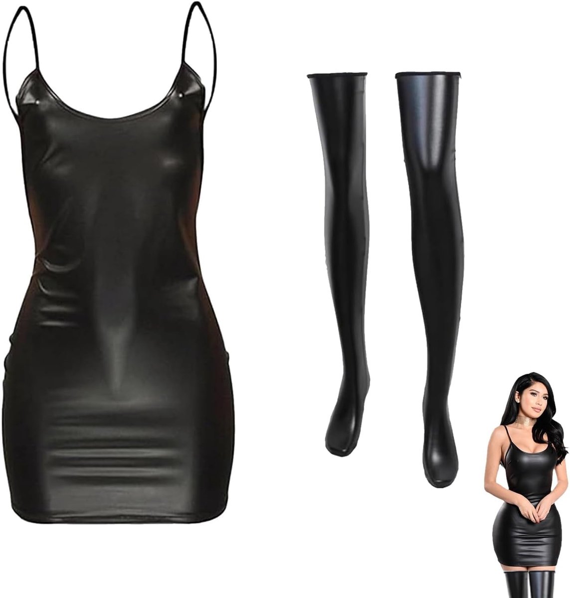 Dames mini jurkje sexy lakleer club outfit zwart kort mouwloos V-hals party cocktail nachtkleding PU leder