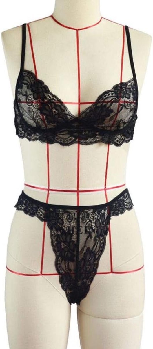 Babydolls, nachtjaponnen & negligés dames erotische vrouwen diepe V ondergoed kanten beha ondergoed string verleiding erotische sexy dames pyjama set-Black_M