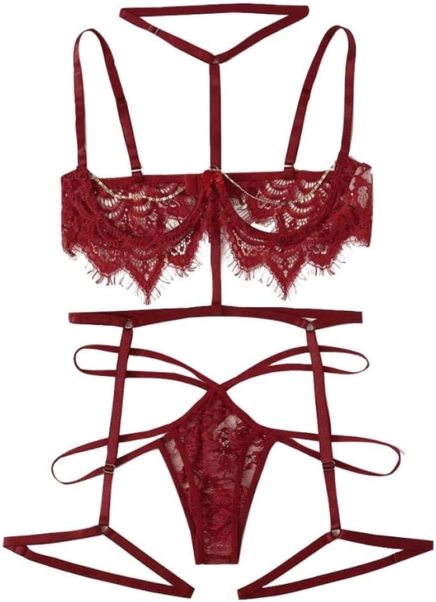 Lingeriesets dames Sexy Erotische Lingerie Vrouwen Kant Verleiding Transparant Sex Ondergoed Nachtkleding Porno Kostuums Set-Wine_L