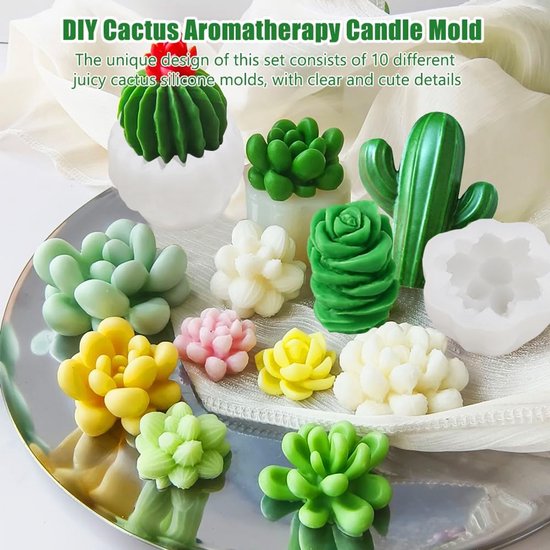 Set van 10 stuks vetplanten, siliconen vormen, gietvormen, kaarsen, siliconen vormen, cactus, 3D-vetplanten, cactus, siliconen vorm, kaarsvormen voor aromatherapie, kaarsen, epoxyharsvormen — afbeelding 3