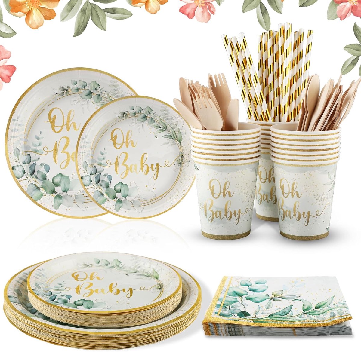 200 stuks, groene papieren borden, verjaardagsfeestdecoratieset met servetten, papieren bekers, rietjes, vork, mes, lepel, voor 25 kinderen