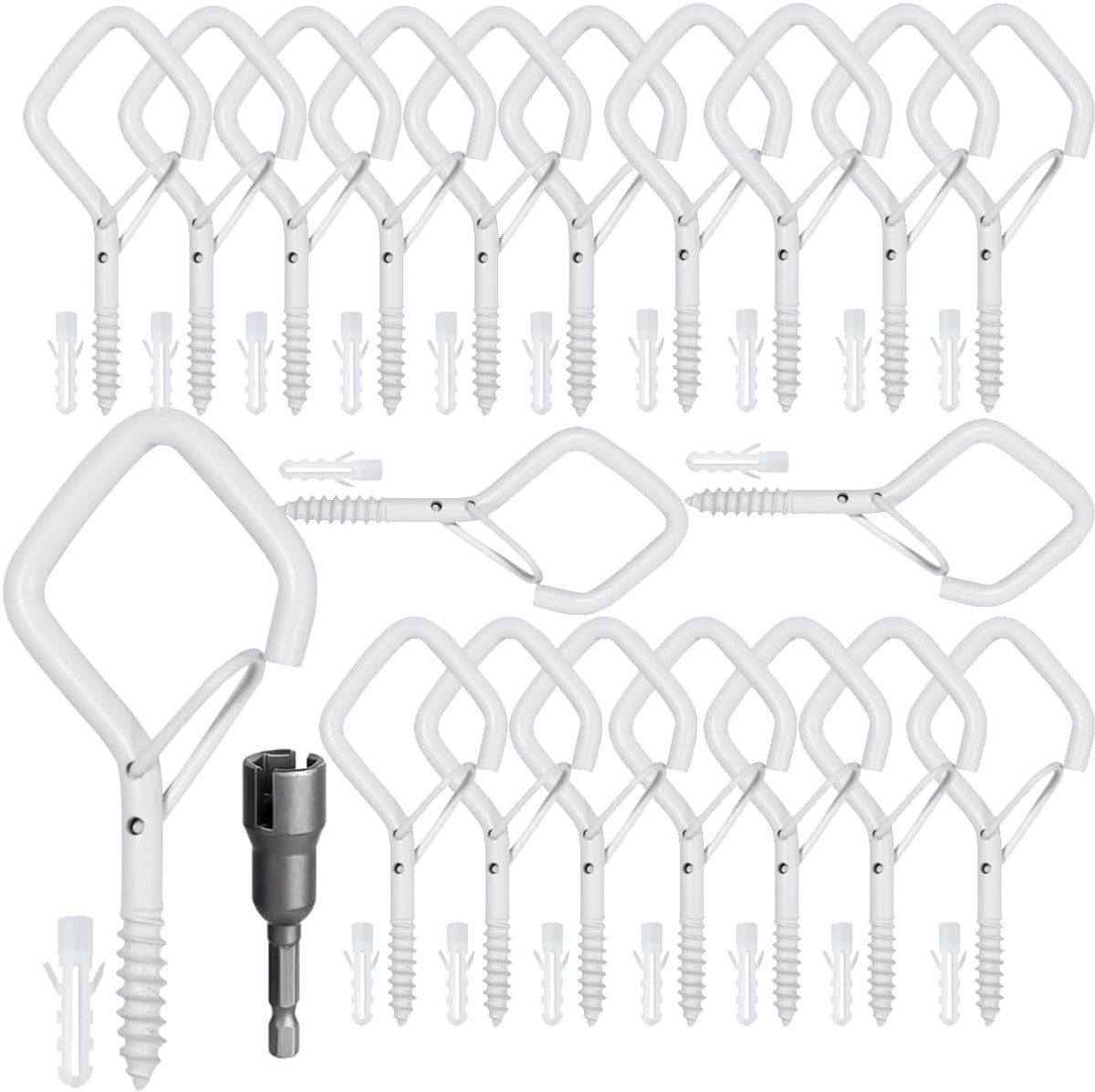 Haken schroeven met veiligheidsgesp, witte schroefhaken, wandhaken om te schroeven, plafondhaken voor het ophangen van planten, decoratieve lampen, bloempotten (20