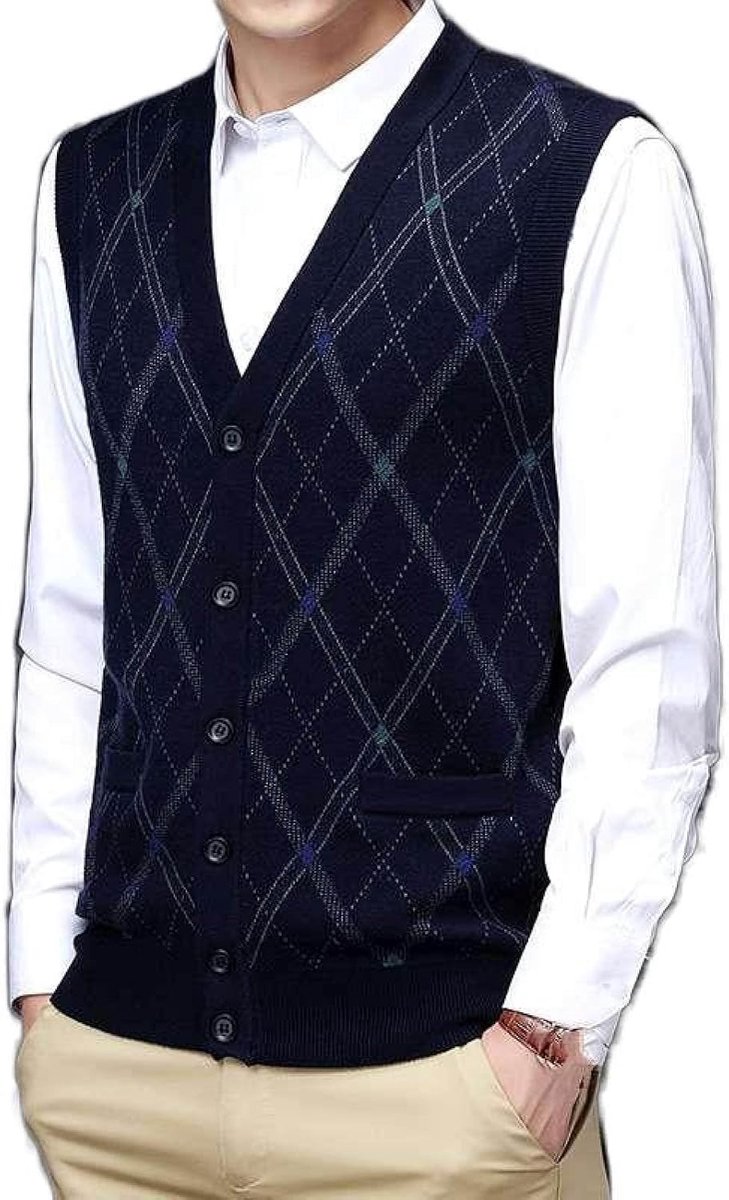 Vest Van Wolgaren Gebreid Vest, Herfst En Winter Klassiek Argyle V-Hals Vest Trend Casual Heren Kasjmier Gemengd Vest, Gentleman Knitwear Sweater Vest Tank Tops, Marineblauw, S