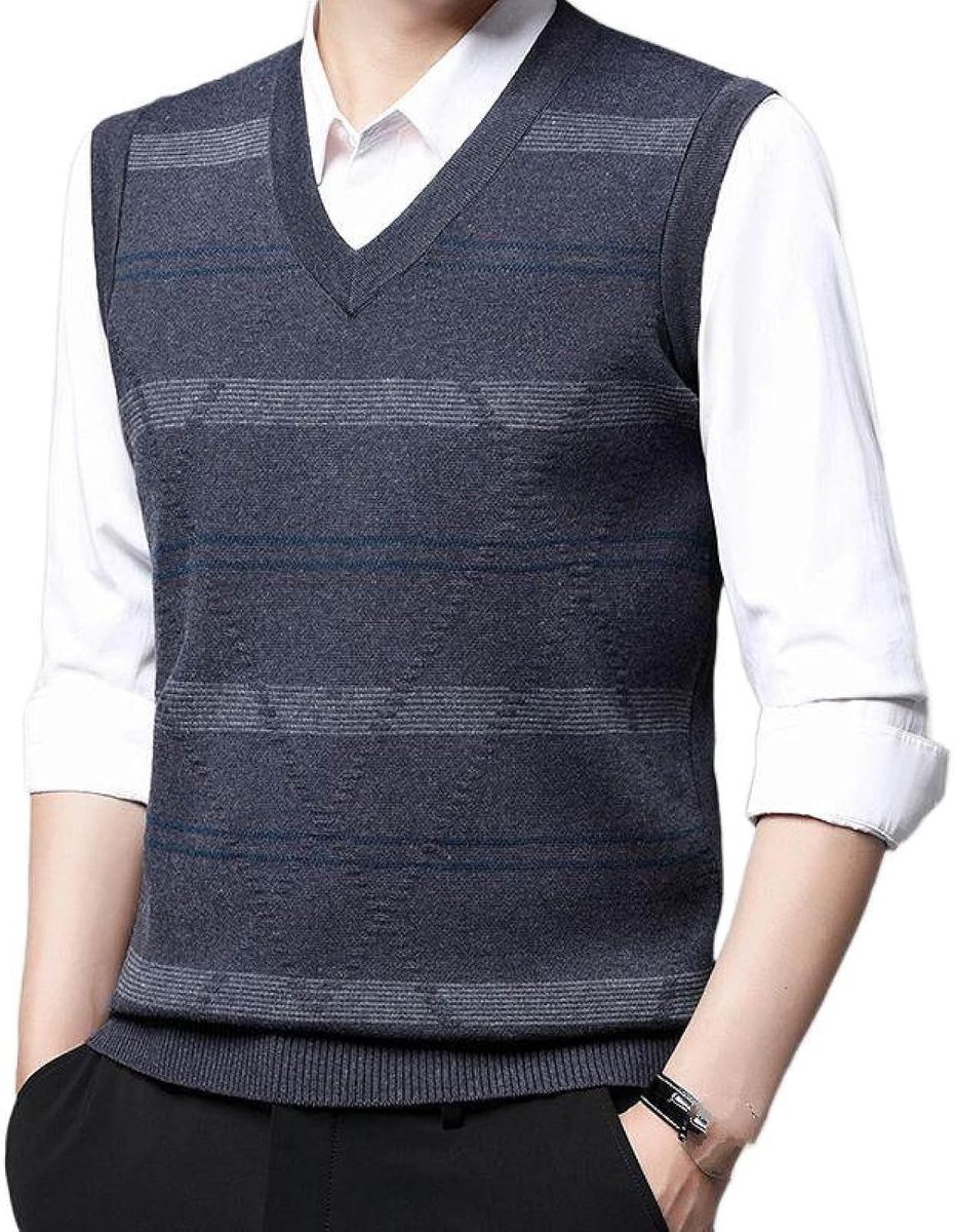 Kasjmier Gemengd Gebreid Vest Met V-Hals, Klassiek Streepkleur Bijpassend Ontwerp Casual Mouwloos Vest Pullover Trui, Zakelijk Heren Breigoed Gebreid Vest Trui Tanktops, Middengrijs, S