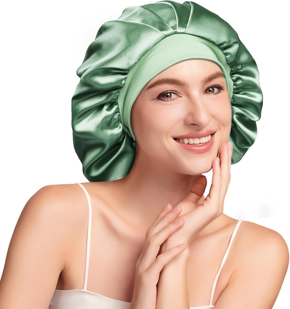 22 Momme Slaapmuts om te Slapen met Moerbeizijden Voering, Dubbellaagse Slaapmuts, Verstelbaar met Elastische Band, Antislip & Haarbescherming voor Lang en Krullend Haar, Zacht, Groen