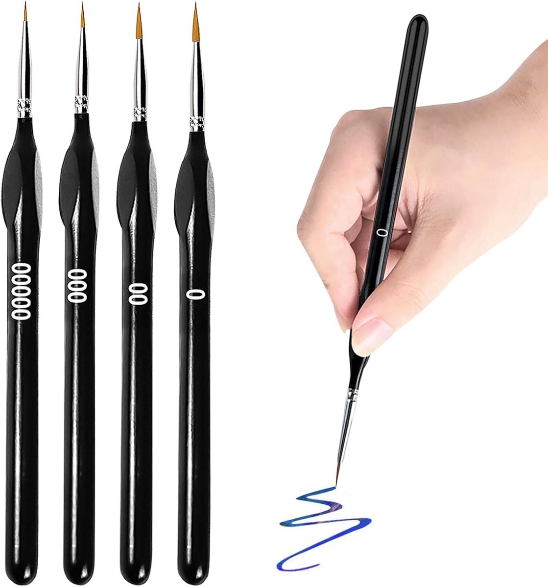 Set van 4 fijne detailpenselen, schilderen op nummer, modelbouw, detailkwast, fijne kwast, miniatuur, kunstenaarskwast, voor nagelkunst, acryl, aquarel, olieverfschilderij, lijnschilderen