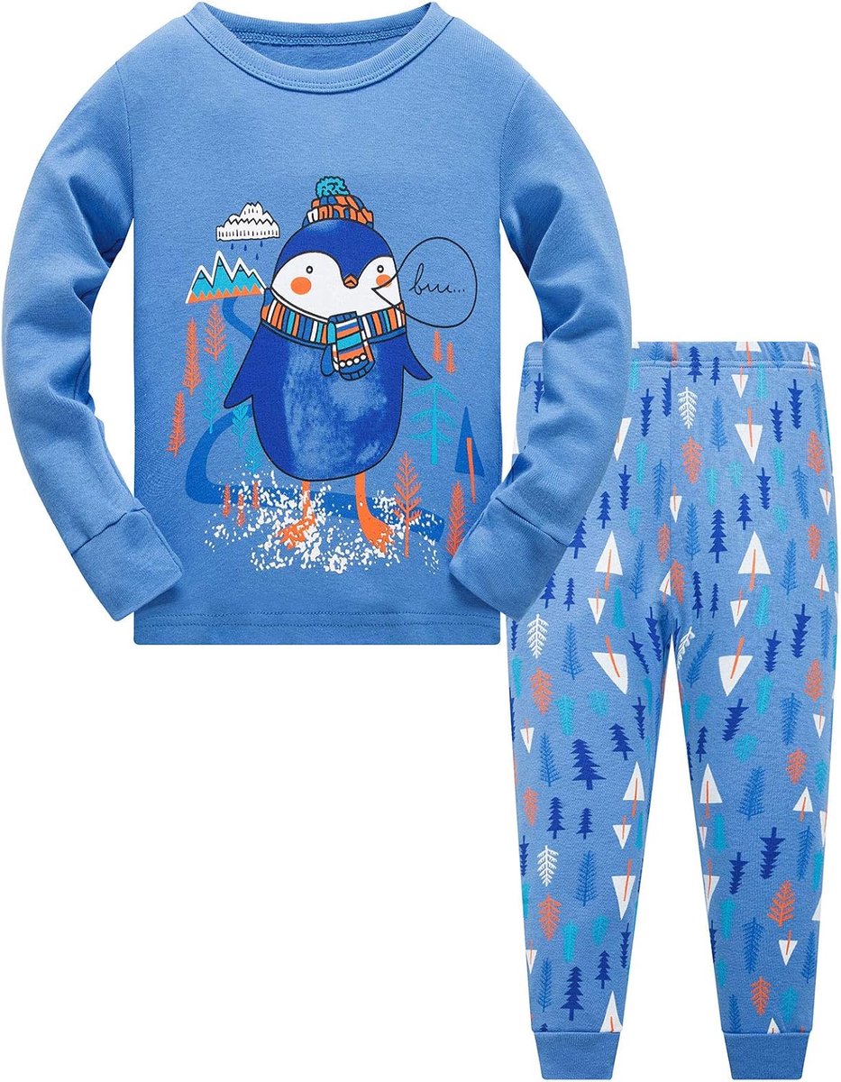 Astronaut, haai, lange mouwen, tweedelige pyjama voor kinderen van katoen, pyjamaset voor de winter, Kerstmis, nachtkleding in de maten voor 1-12 jaar, Pinguïn blauw, 6-7 Jaar