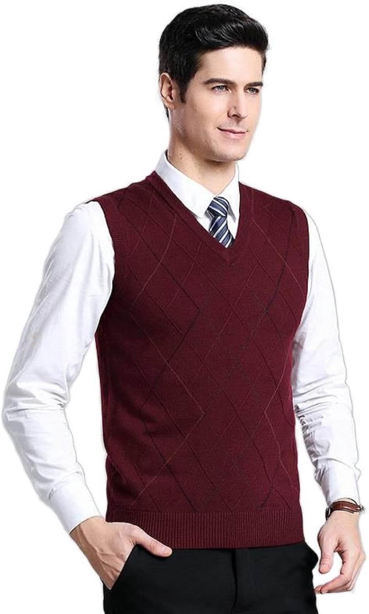Argyle Mouwloze Trui Met V-Hals, Herfst En Winter Gebreid Herensweatervest, Bijpassende Kleur Van Middelbare Leeftijd Verdikte Casual Heren Gebreide Trui Tanktops, Wijnrood, S