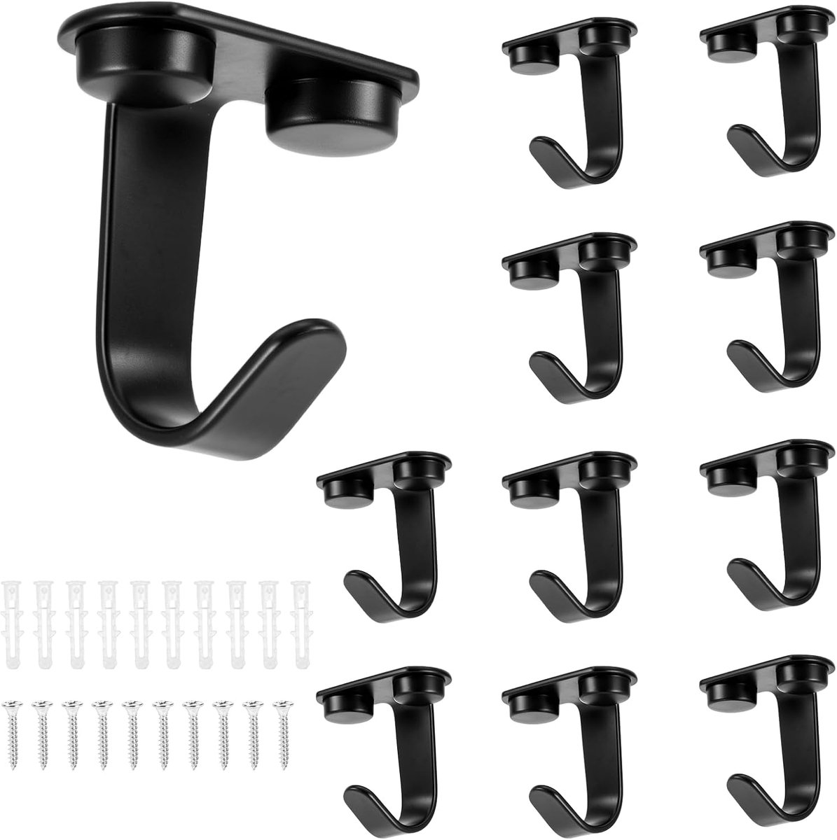 10 stuks zwarte schroefgemonteerde plafondhaken, 3,47 cm zware kapstok onder de plank, roestvrijstalen handdoek/badjas kleerhanger haken voor badkamer keukenkast garage (mat zwart)