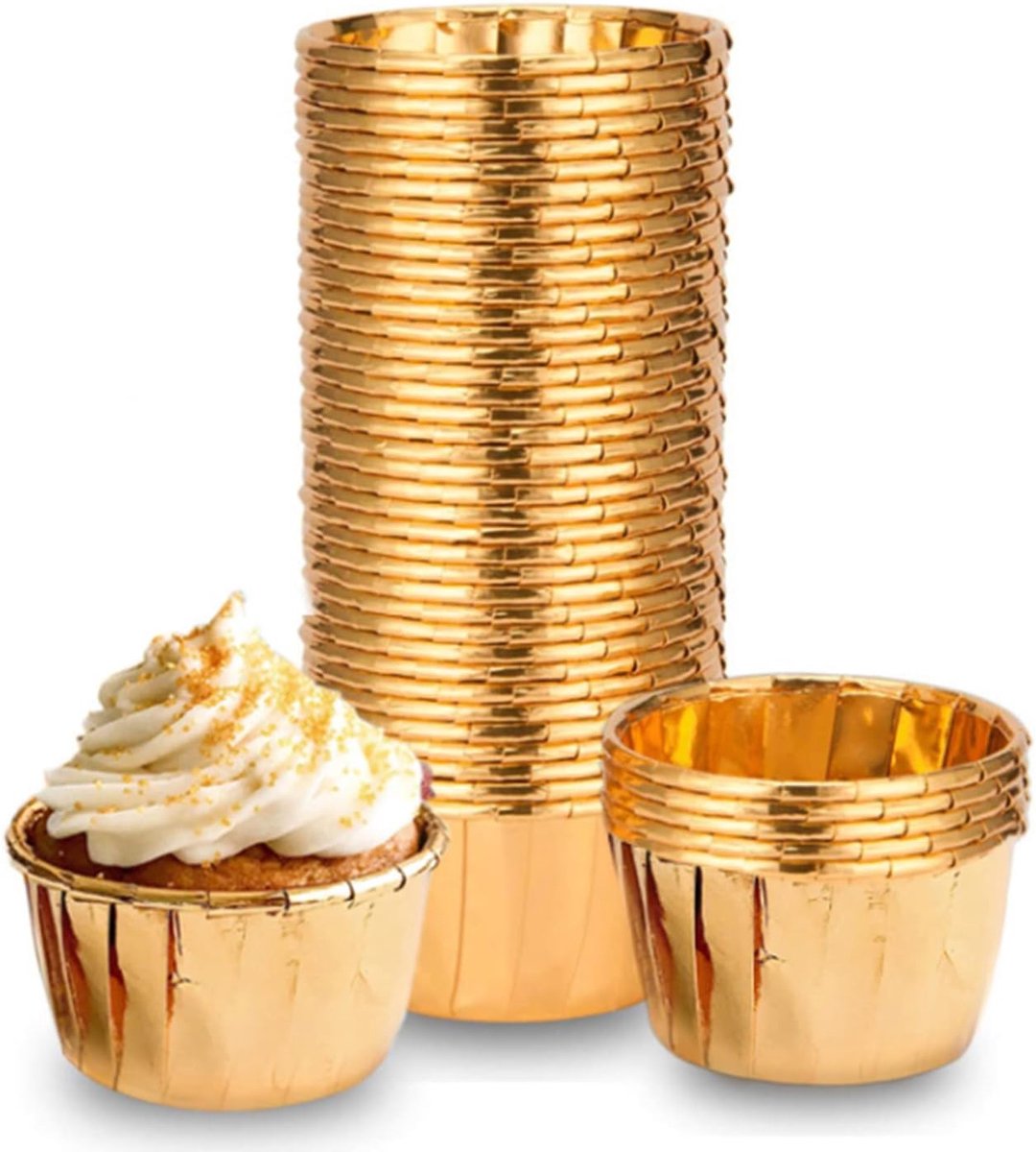 100 stuks cupcake hoesjes, cake muffin voeringen, vetvrije folie bakbekers papier wrappers, folie metallic cupcake papieren bekers huishoudelijke oven verjaardag bruiloft muffins gebak mallen (goud)