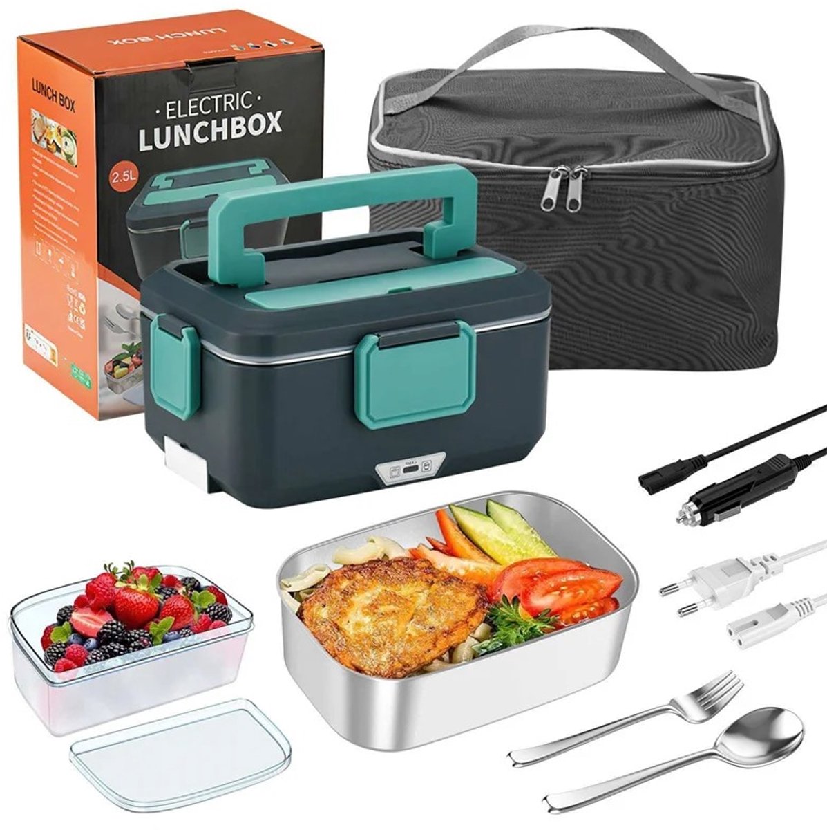 DeltaMerch Verwarmde Lunchbox - Lunchtrommel - Elektrisch - 2.5 L inhoud - RVS Binnenbak - 12V - 240V- 220V - 2 Vakken - Groen