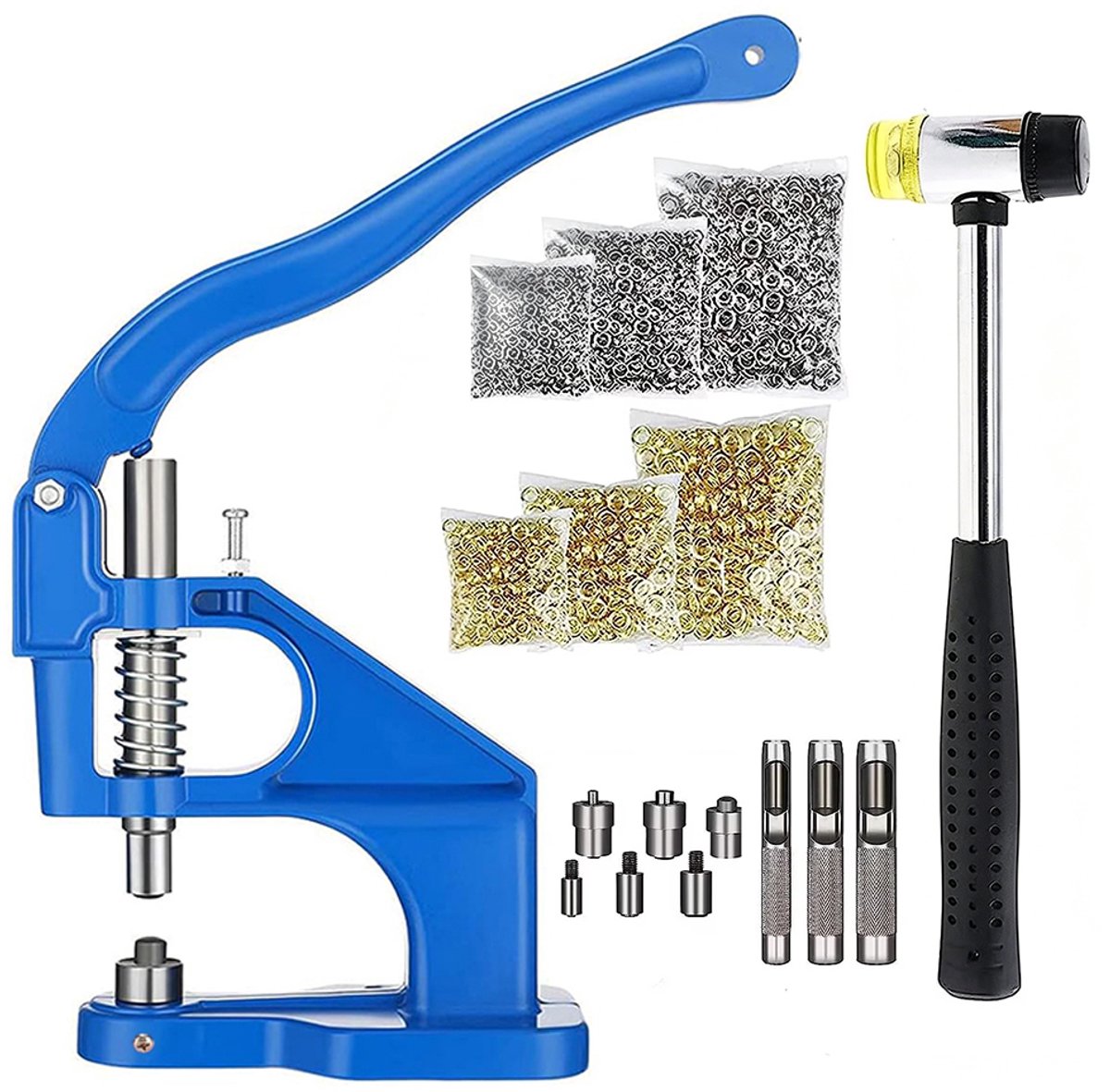 Handmatige oogjespersmachine - Klinknagelponsmachine - Inclusief 1500 sets gouden knopen en 1500 sets zilveren knopen - 3 mallen - 6/10/12 mm - Aluminium persmachine - Handmatige persmachineset - Blauw