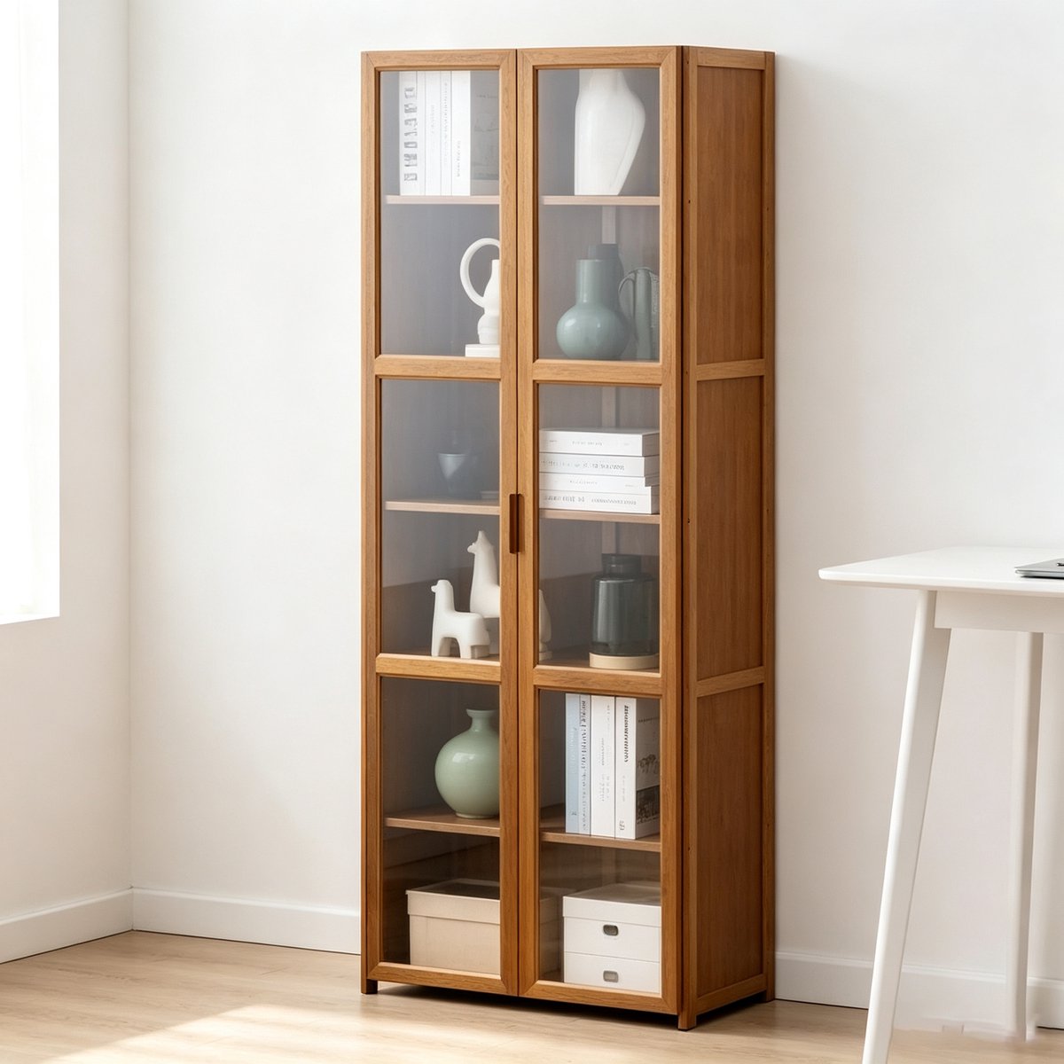 Bamboe boekenkast opbergrek60*30*150cm 6 lagen met dubbele transparante acryl deuren stofdichte opbergvitrine