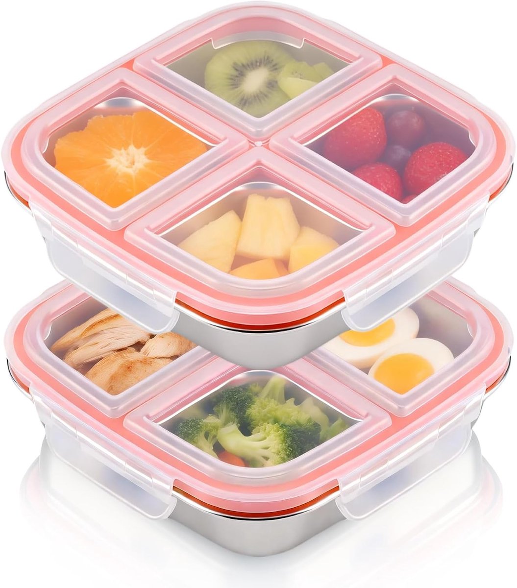 2 stuks snacktrommel met vakken van roestvrij staal, herbruikbare snacktrommel voor kinderen & volwassenen, maaltijdvoorbereidingscontainers voor kinderen, lekvrije metalen Bento Box met deksel voor