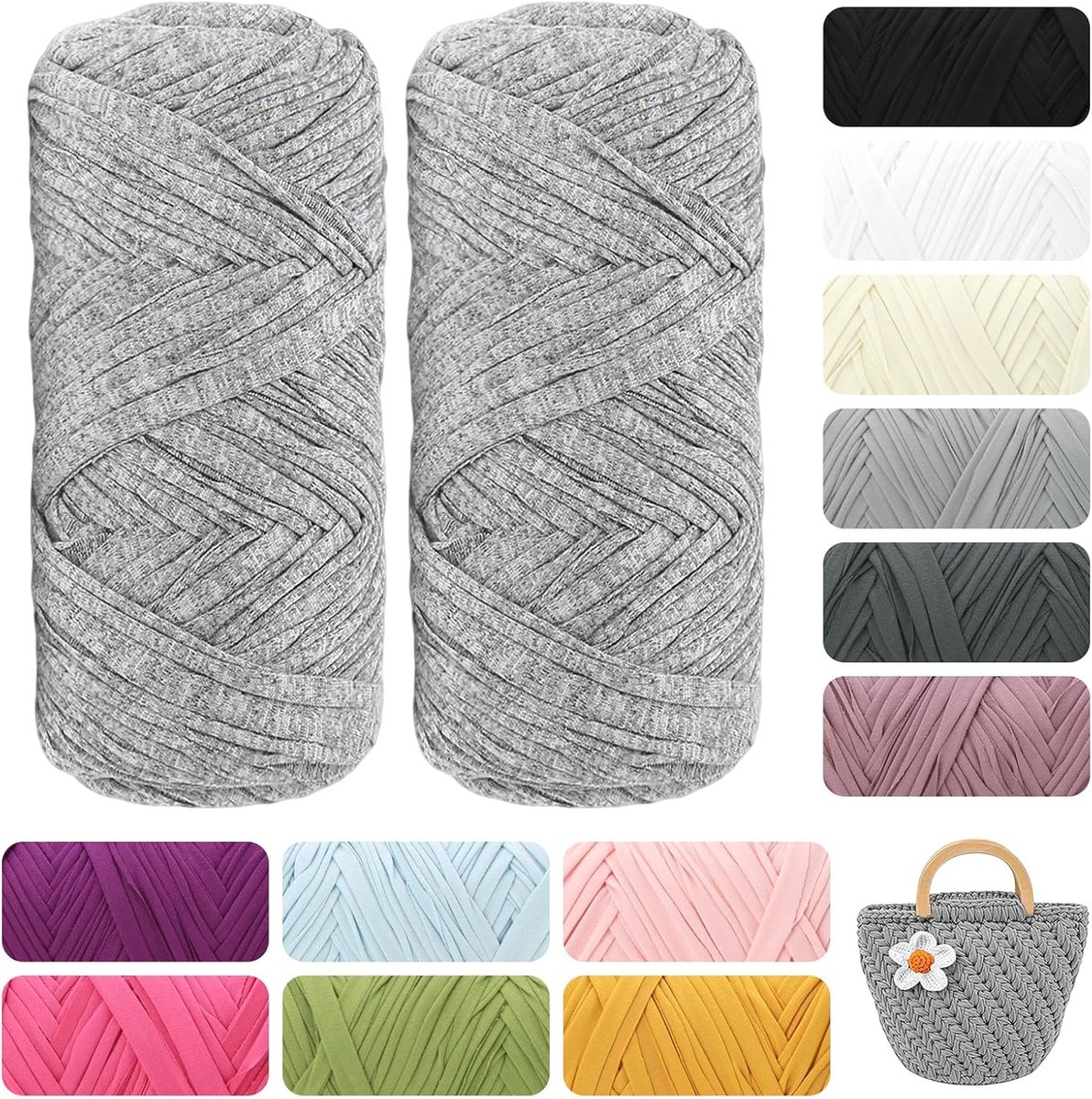 400 g, van katoen, zacht lintgaren voor haken, breien en macramé, voor manden, tassen, tapijten en woondecoratie, doe-het-zelf, voor beginners en professionals (grijs gemêleerd)