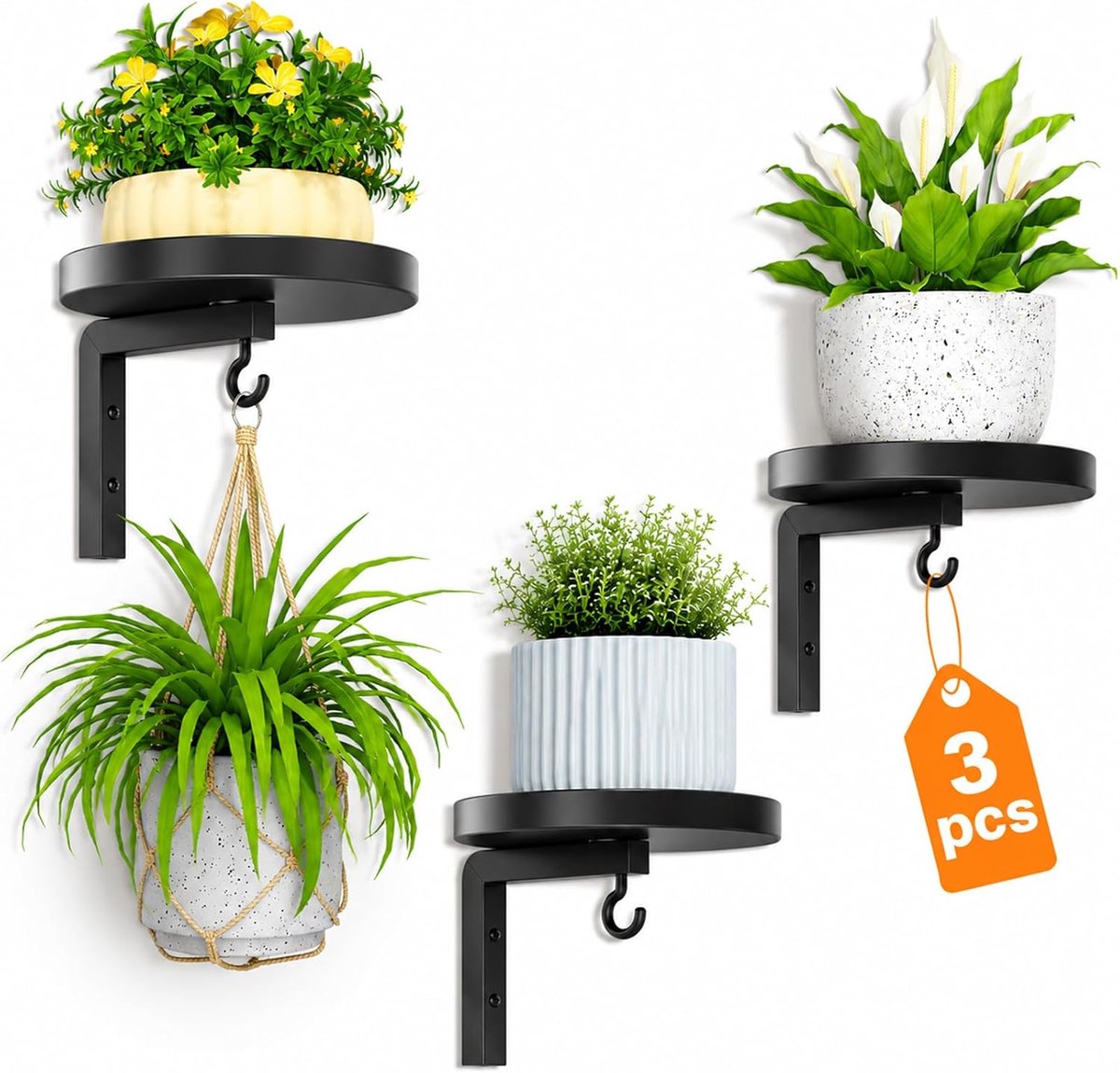 3 stuks plantenstandaard, wandopknoping met haken, plantenrek hoog, van metaal, voor bloempotten, plantenhouder, wandmontage met 11,3 kg draagkracht, plantenrek voor balkon, woonkamer, hal, terras