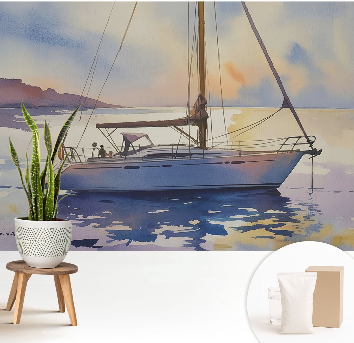 Wallfluent Fotobehang - Blauw Vliesbehang - 208x146 cm - Zeilboot West Fotobehang Vlies - Hal behang Landschappen - Muurschildering - Woonkamer behang