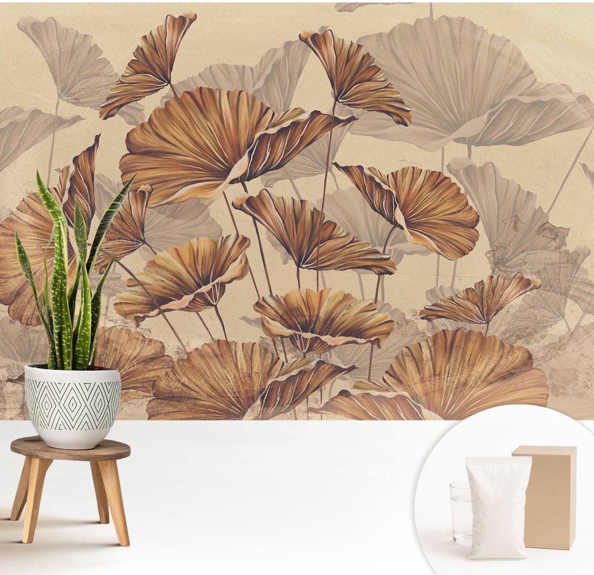 Wallfluent Fotobehang - Beige Vliesbehang - 208x146 cm - Herfstachtige Elegantie Muurschildering - Slaapkamer behang Bloemen En Planten - Fotobehang Vlies - Slaapkamer behang