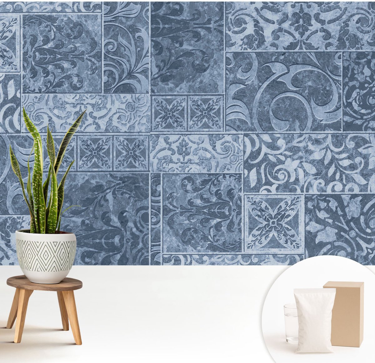 Wallfluent Fotobehang - Blauw Vliesbehang - 208x146 cm - Plantenornamenten Muurschildering - Gang behang Achtergronden En Patronen - Fotobehang Vlies - Slaapkamer behang