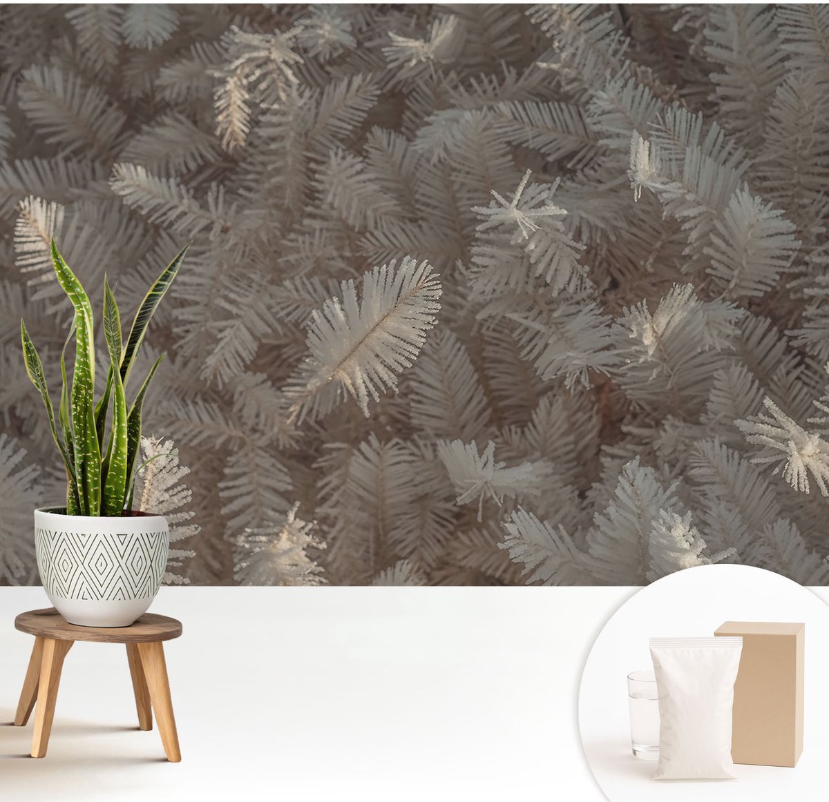 Wallfluent Fotobehang - Wit Vliesbehang - 208x146 cm - Bevroren Takjes Fotobehang Vlies - Hal behang Bloemen En Planten - Muurschildering - Woonkamer behang