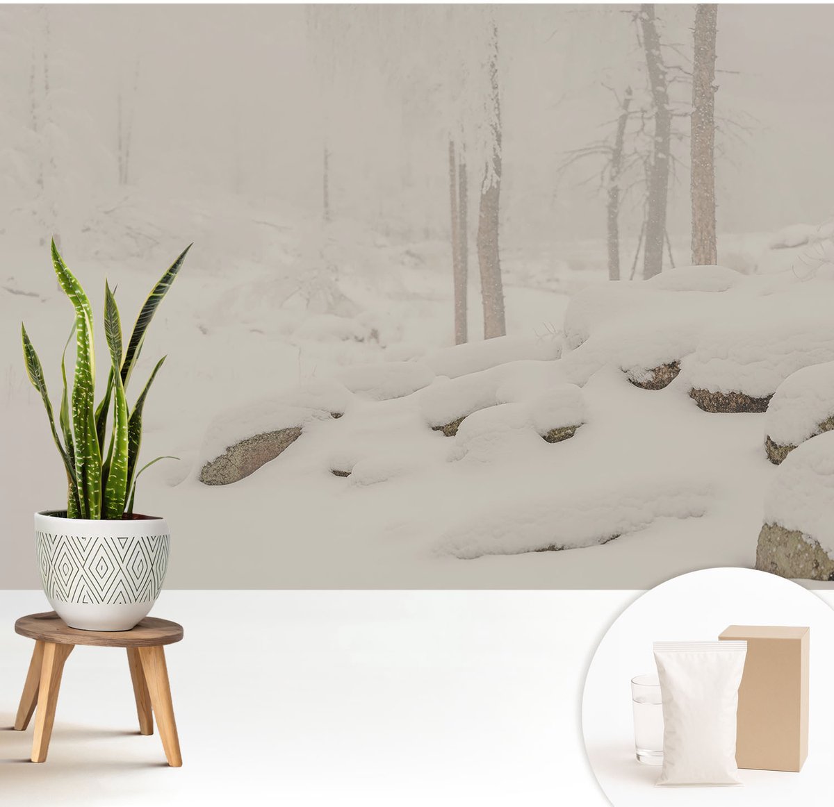 Wallfluent Fotobehang - Wit Vliesbehang - 208x146 cm - Sneeuwbos Muurschildering - Slaapkamer behang Landschappen - Fotobehang Vlies - Slaapkamer behang