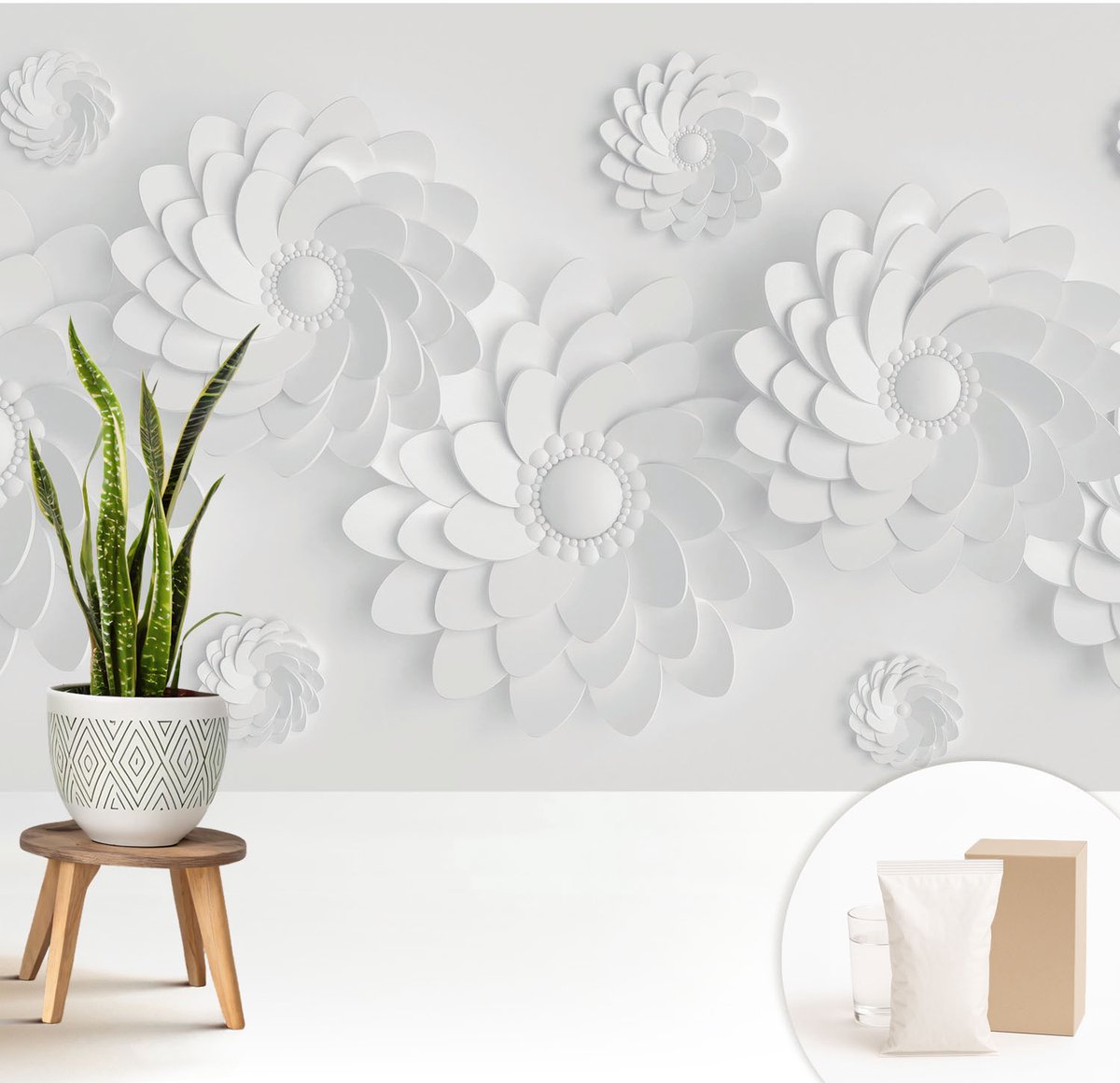 Wallfluent Fotobehang - Wit Vliesbehang - 208x146 cm - Bloemige Elegantie Muurschildering - Slaapkamer behang Bloemen En Planten - Fotobehang Vlies - Slaapkamer behang