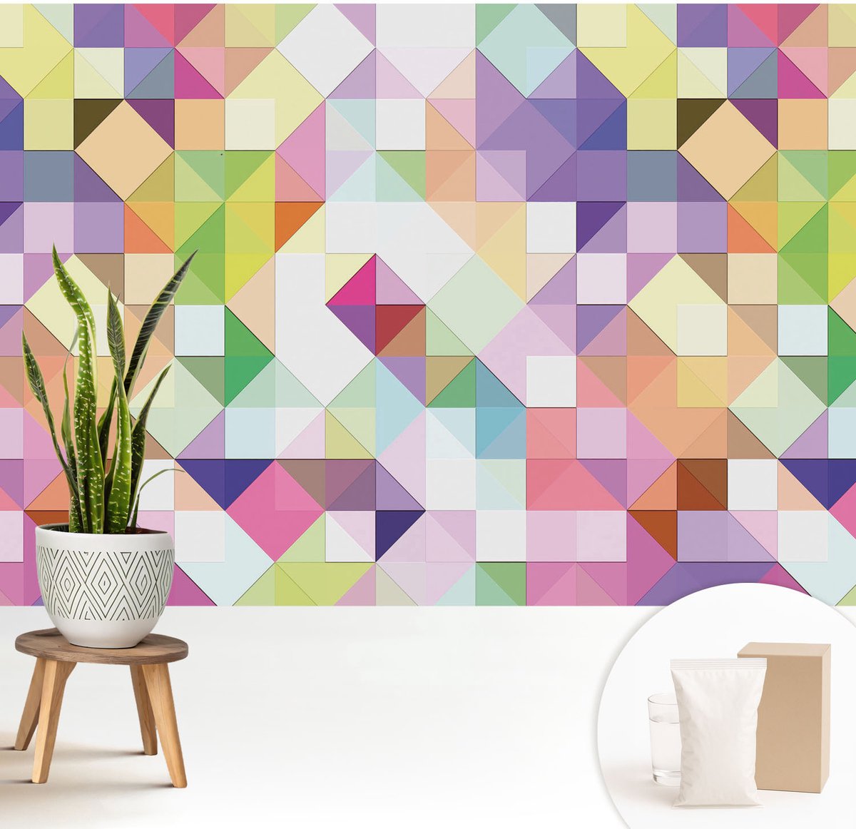 Wallfluent Fotobehang - Paars Vliesbehang - 208x146 cm - Kleurrijke Vormen Fotobehang Vlies - Woonkamer behang Geometrie - Muurschildering - Woonkamer behang