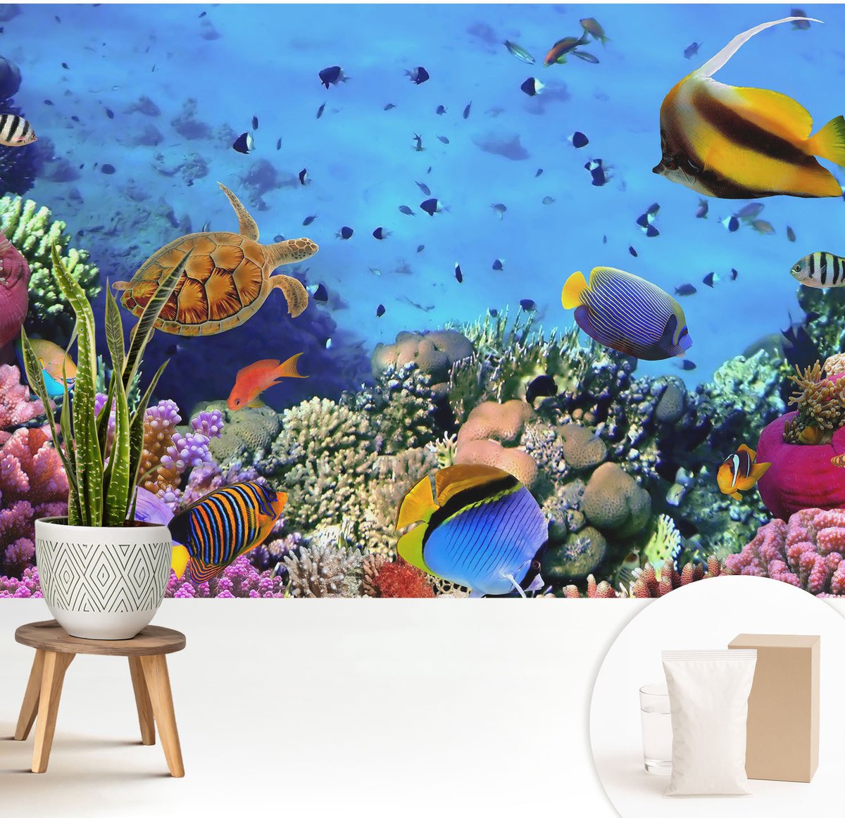 Wallfluent Fotobehang - Blauw Vliesbehang - 208x146 cm - Koraalrif Muurschildering - Slaapkamer behang Dieren - Fotobehang Vlies - Slaapkamer behang