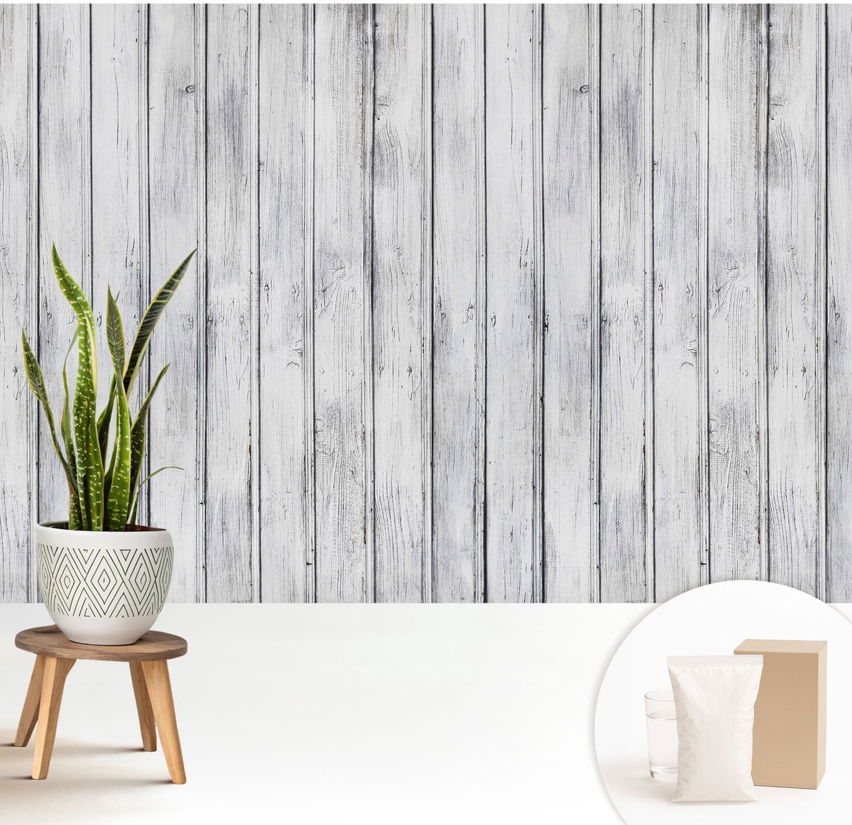 Wallfluent Fotobehang - Wit Vliesbehang - 208x146 cm - Houten Planken Fotobehang Vlies - Woonkamer behang Texturen - Muurschildering - Hal behang