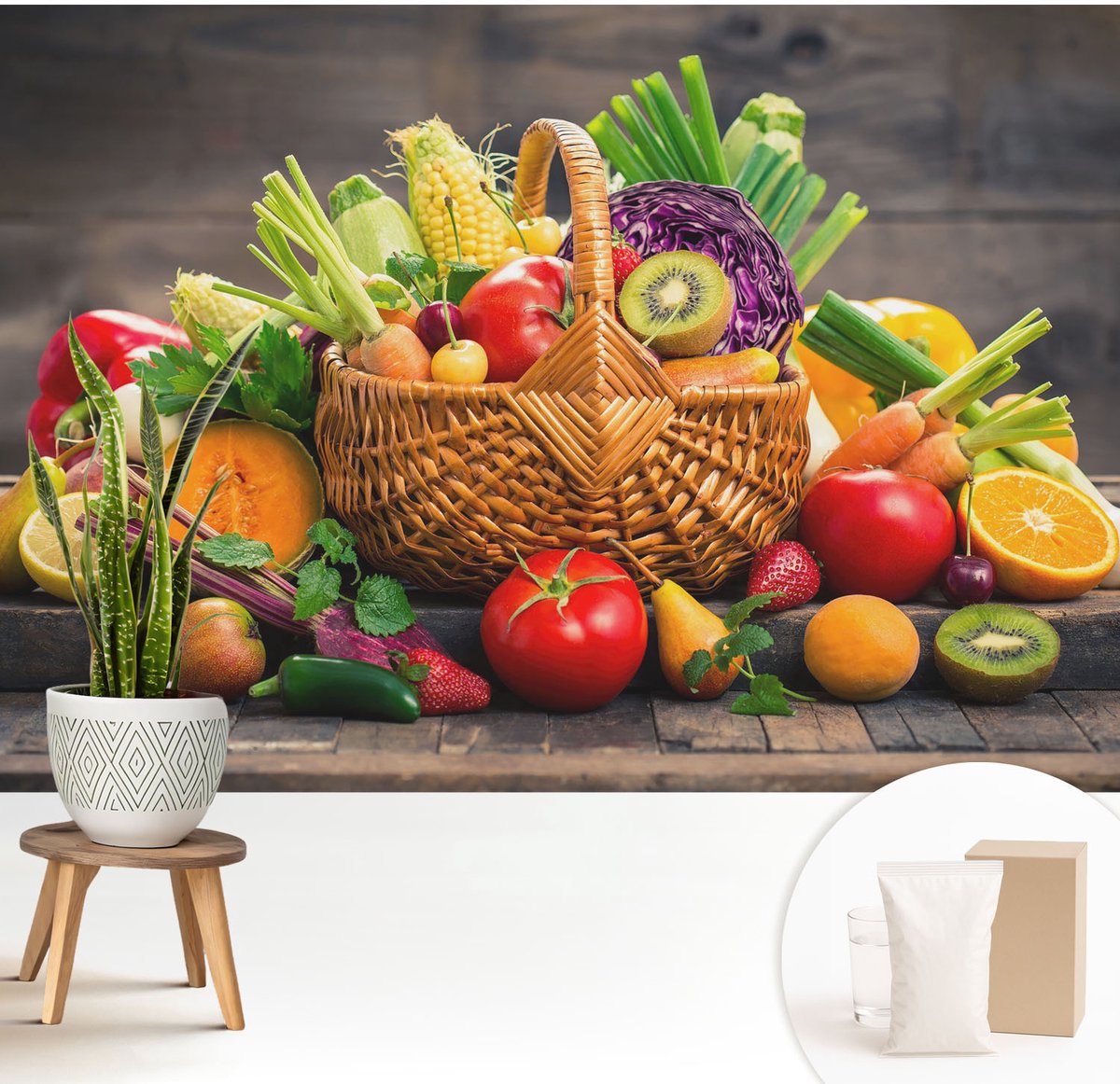 Wallfluent Fotobehang - Groente Vliesbehang - 208x146 cm - Fruitige Rijkdom Muurschildering - Slaapkamer behang Voedsel - Fotobehang Vlies - Slaapkamer behang