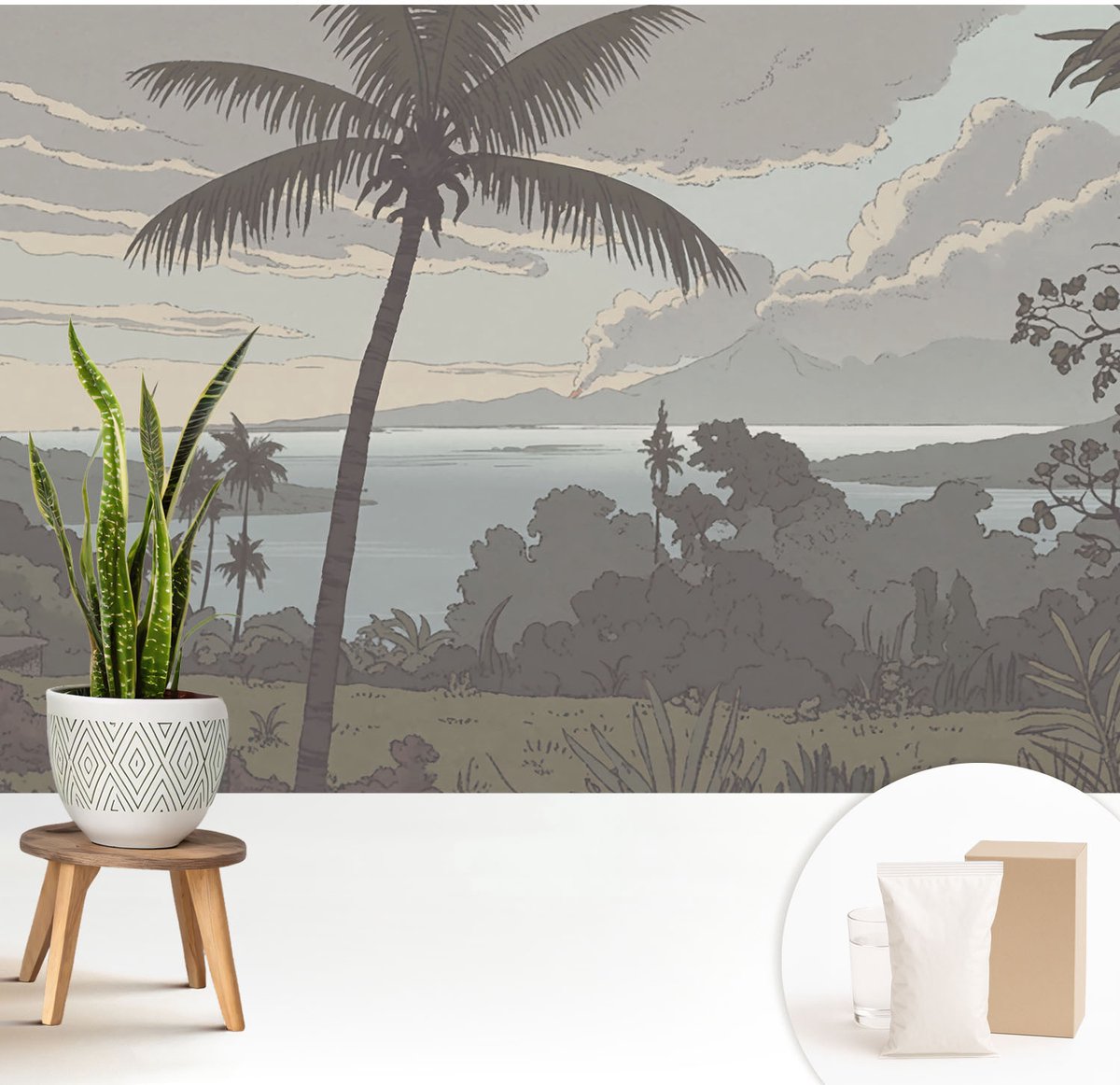 Wallfluent Fotobehang - Grijs Vliesbehang - 208x146 cm - Exotisch Landschap Muurschildering - Gang behang Landschappen - Fotobehang Vlies - Slaapkamer behang