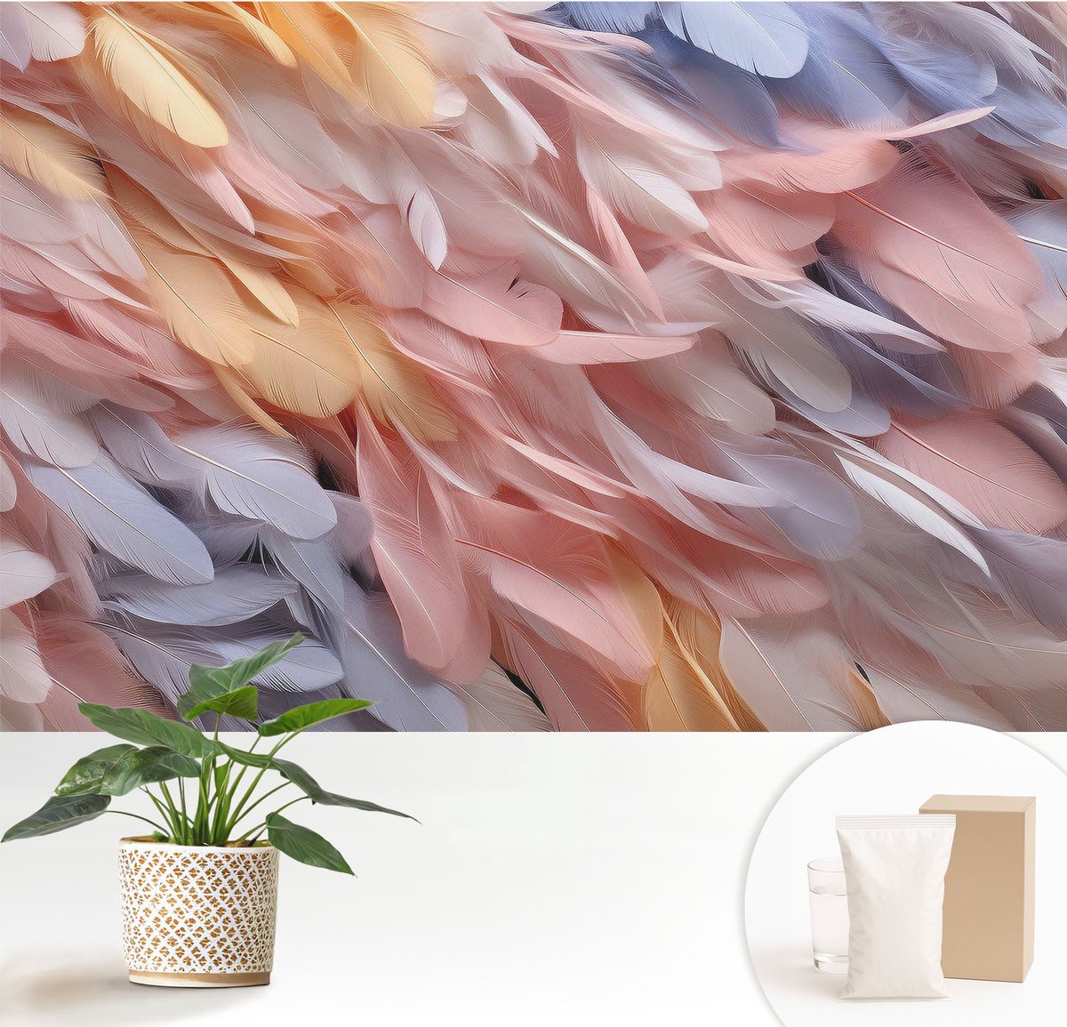 Wallfluent Fotobehang - Roze Vliesbehang - 152x104 cm - Pastelkleurige Veren Muurschildering - Gang behang Texturen - Fotobehang Vlies - Slaapkamer behang