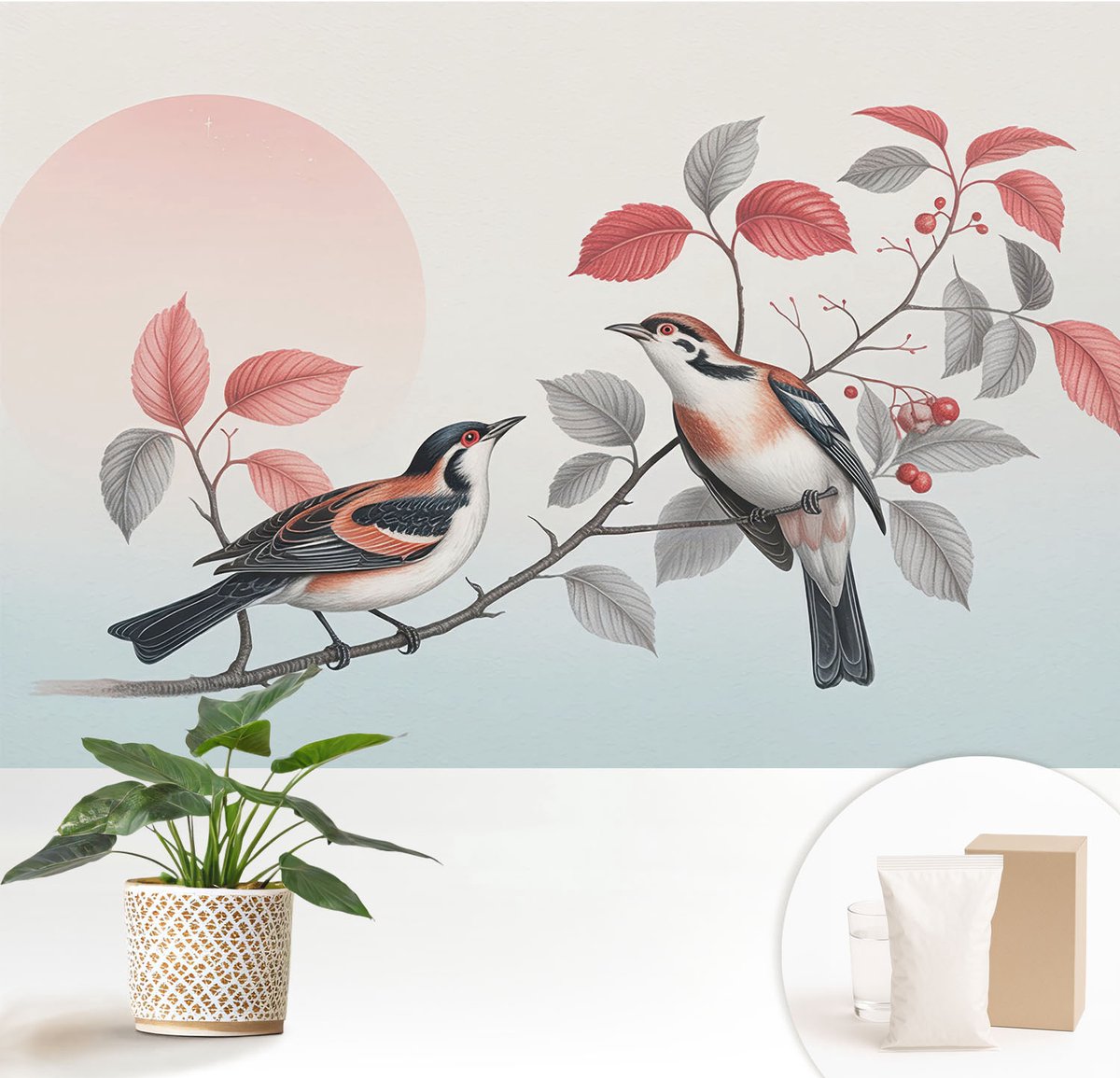 Wallfluent Fotobehang - Roze Vliesbehang - 152x104 cm - Zittende Vogels Muurschildering - Gang behang Dieren - Fotobehang Vlies - Slaapkamer behang