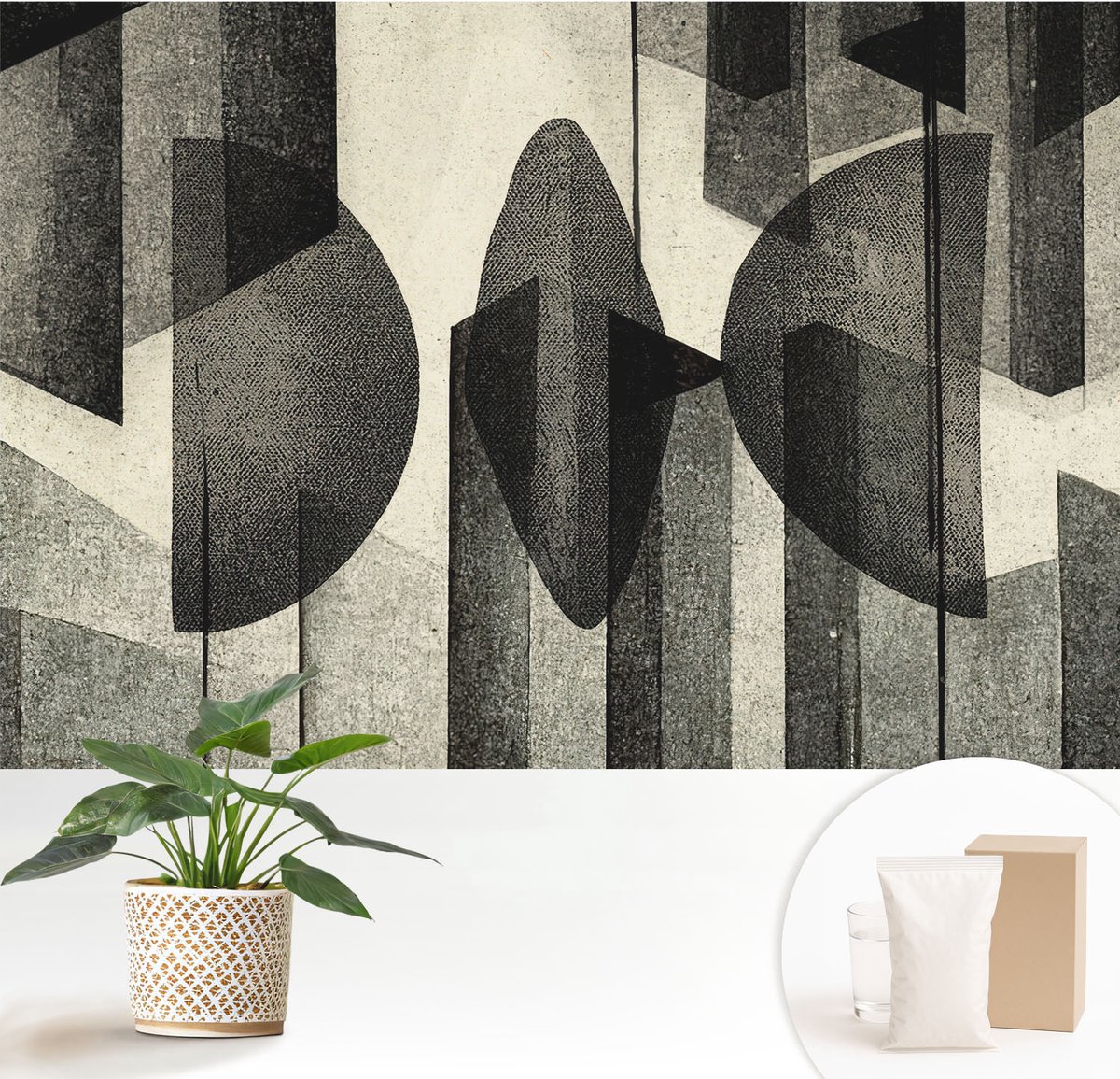 Wallfluent Fotobehang - Zwart Vliesbehang - 152x104 cm - Geometrische Vormen Muurschildering - Slaapkamer behang Abstractie - Fotobehang Vlies - Slaapkamer behang