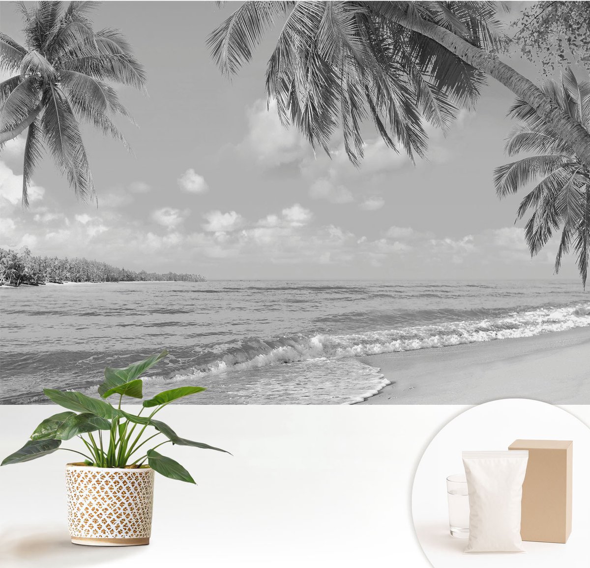 Wallfluent Fotobehang - Zwart-Wit Vliesbehang - 152x104 cm - Tropisch Paradijs Muurschildering - Slaapkamer behang Landschappen - Fotobehang Vlies - Slaapkamer behang