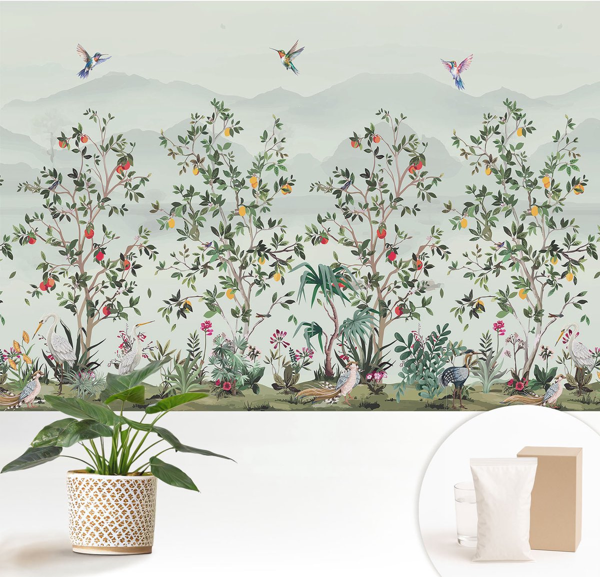 Wallfluent Fotobehang - Grijs Vliesbehang - 152x104 cm - Exotische Bomen Muurschildering - Gang behang Bloemen En Planten - Fotobehang Vlies - Slaapkamer behang