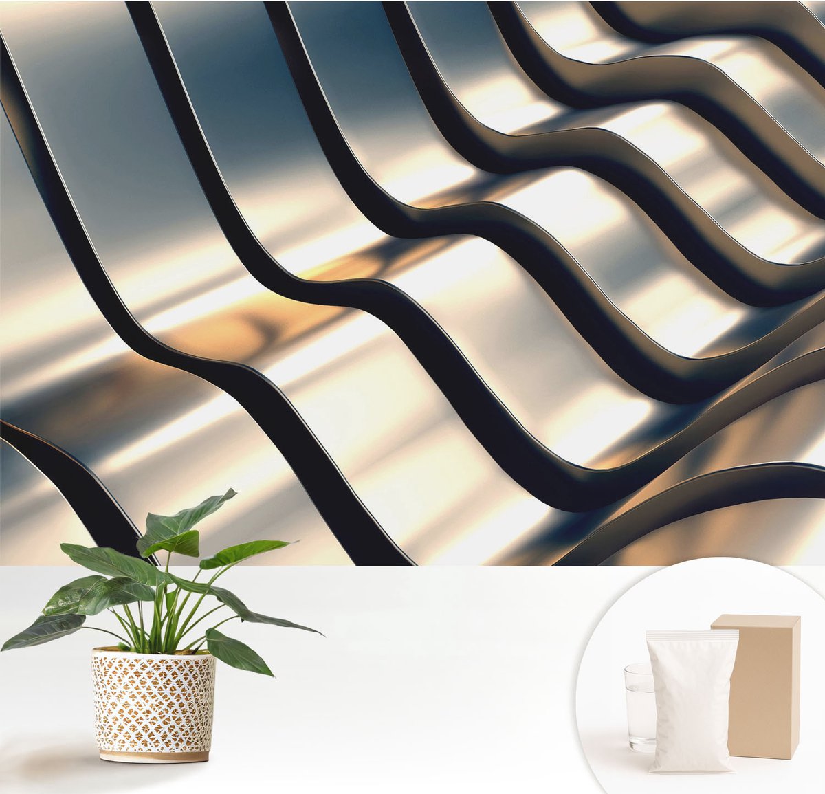 Wallfluent Fotobehang - Grijs Vliesbehang - 152x104 cm - Metalgolven Fotobehang Vlies - Hal behang Geometrie - Muurschildering - Woonkamer behang