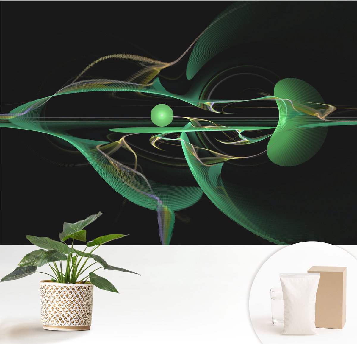 Wallfluent Fotobehang - Zwart Vliesbehang - 152x104 cm - Groene Golven Muurschildering - Gang behang Abstractie - Fotobehang Vlies - Slaapkamer behang